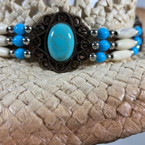 100% Paper Cowboy Hat w/ Turquoise & Brown Band. Beige. OSFM. - Picture 6 of 9